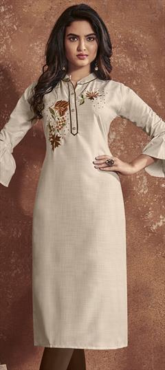 Casual, Party Wear White and Off White color Kurti in Cotton fabric with Long Sleeve, Straight Embroidered, Thread work : 1707902