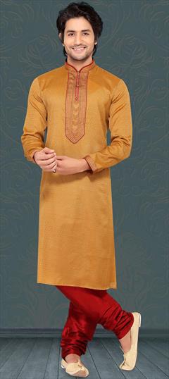 Beige and Brown color Kurta Pyjamas in Jacquard fabric with Embroidered work : 1707924