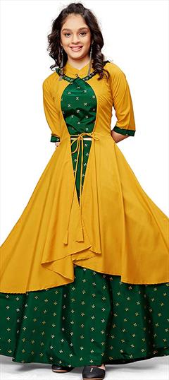 Casual Green, Yellow color Kids Lehenga in Crepe Silk, Jacquard fabric with Printed work : 1707987