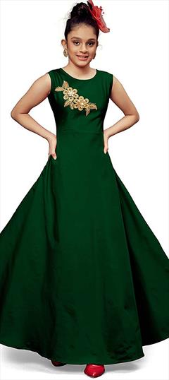 Casual Green color Girls Gown in Satin Silk fabric with Embroidered work : 1708042