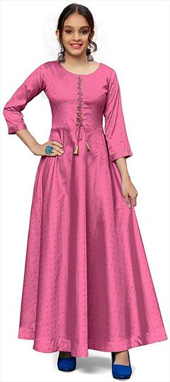 Pink and Majenta color Girls Gown in Jacquard fabric with Printed work : 1708068
