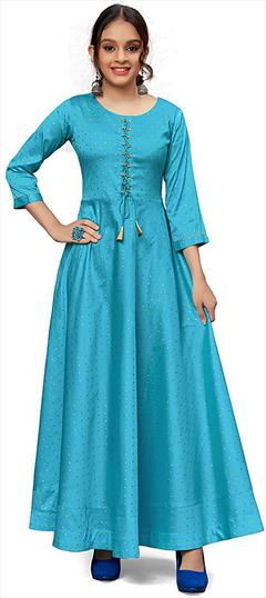 Blue color Girls Gown in Jacquard fabric with Printed work : 1708069