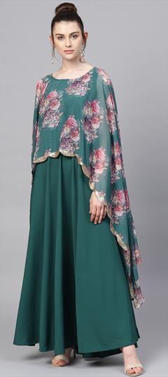 Party Wear Blue color Gown in Chiffon, Crepe Silk fabric with Digital Print, Floral work : 1708284