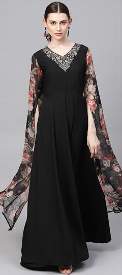 Party Wear Black and Grey color Gown in Chiffon, Crepe Silk fabric with Digital Print, Floral work : 1708285
