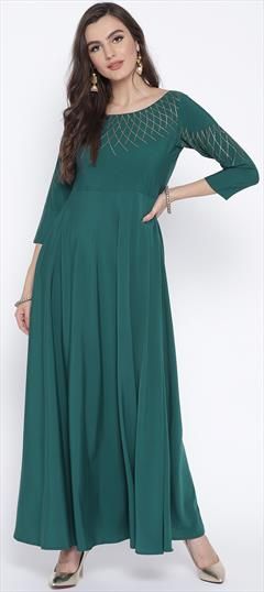 Party Wear Green color Kurti in Crepe Silk fabric with A Line, Long Sleeve Fancy Work work : 1708289