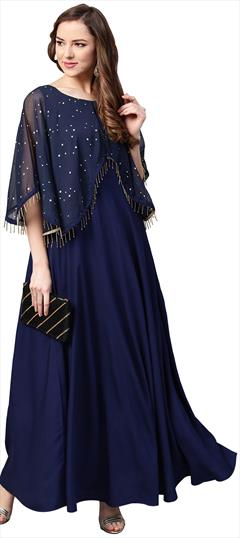 Party Wear Blue color Gown in Crepe Silk fabric with Printed work : 1708293