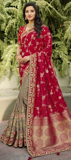 Traditional Beige and Brown, Pink and Majenta color Saree in Banarasi Silk, Dolla Silk fabric with Half and Half, South Border, Embroidered, Thread, Zari work : 1708432