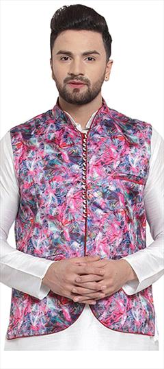 Multicolor color Nehru Jacket in Satin Silk fabric with Printed work : 1708483