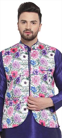 Multicolor color Nehru Jacket in Satin Silk fabric with Printed work : 1708484