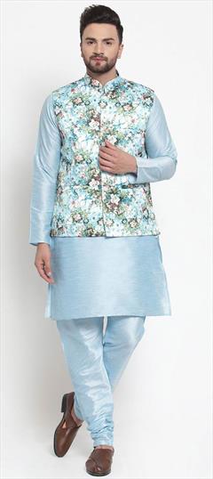 Blue color Kurta Pyjama with Jacket in Raw Silk fabric with Floral, Printed work : 1708509