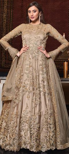 Festive, Party Wear, Reception Beige and Brown color Salwar Kameez in Net fabric with A Line Embroidered, Sequence, Thread work : 1708868
