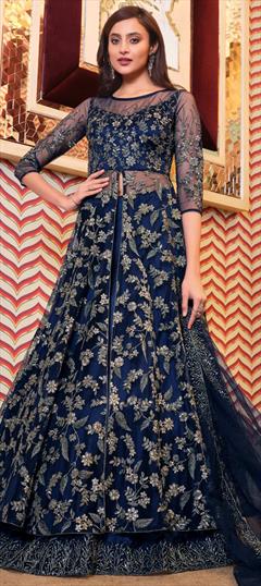 Festive, Party Wear, Reception Blue color Long Lehenga Choli in Net fabric with Embroidered, Sequence, Thread work : 1708881