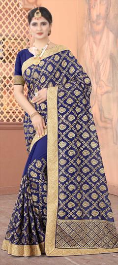 Festive, Wedding Blue color Saree in Georgette fabric with Classic Border, Embroidered, Stone, Thread, Zari work : 1708887