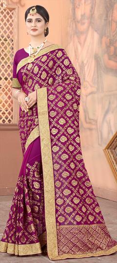 Festive, Wedding Pink and Majenta color Saree in Georgette fabric with Classic Border, Embroidered, Stone, Thread, Zari work : 1708898