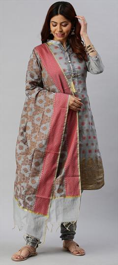 Casual Black and Grey color Salwar Kameez in Banarasi Silk, Silk fabric with Churidar Weaving work : 1708915