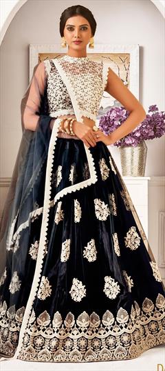 Festive, Wedding Black and Grey color Lehenga in Net fabric with A Line Embroidered, Stone, Thread, Zari work : 1709059