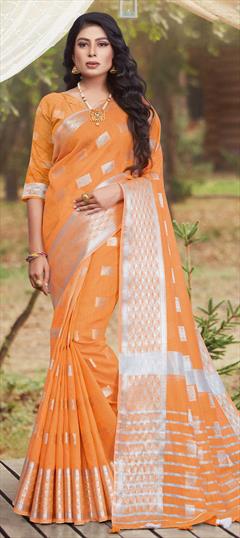 Traditional Orange color Saree in Cotton fabric with Bengali Weaving work : 1709309