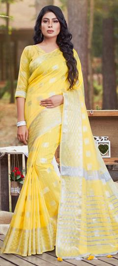 Traditional Yellow color Saree in Cotton fabric with Bengali Weaving work : 1709311