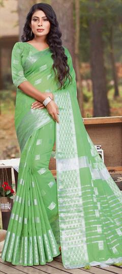 Traditional Green color Saree in Cotton fabric with Bengali Weaving work : 1709313