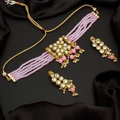 Pink and Majenta color Necklace in Metal Alloy studded with CZ Diamond, Pearl & Gold Rodium Polish : 1709754