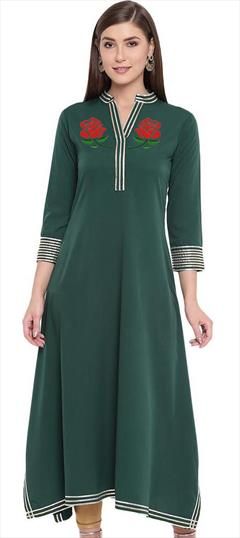 Casual Green color Kurti in Rayon fabric with Long Sleeve, Straight Embroidered, Thread work : 1709813