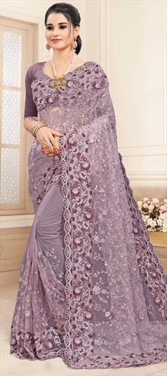 Festive, Party Wear Purple and Violet color Saree in Net fabric with Classic Embroidered, Resham, Stone, Thread work : 1709942