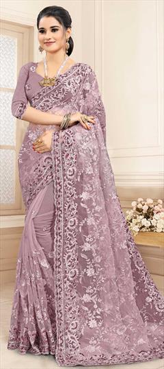 Party Wear, Wedding Purple and Violet color Saree in Net fabric with Classic Embroidered, Resham, Stone, Thread work : 1709946