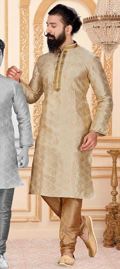 Beige and Brown color Kurta Pyjamas in Jacquard fabric with Thread work : 1710307