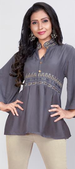 Casual Black and Grey color Kurti in Rayon fabric with Long Sleeve, Straight Embroidered, Resham, Thread work : 1710694