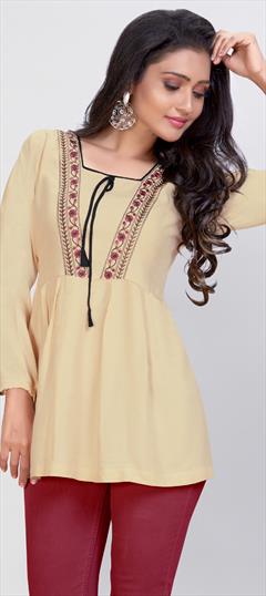 Casual Beige and Brown color Kurti in Rayon fabric with Long Sleeve, Straight Embroidered, Resham, Thread work : 1710699
