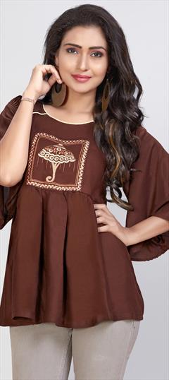 Casual Beige and Brown color Kurti in Rayon fabric with Long Sleeve, Straight Embroidered, Resham, Thread work : 1710705