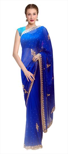 Festive, Party Wear Blue color Saree in Georgette fabric with Classic Bugle Beads, Cut Dana, Thread work : 1711305