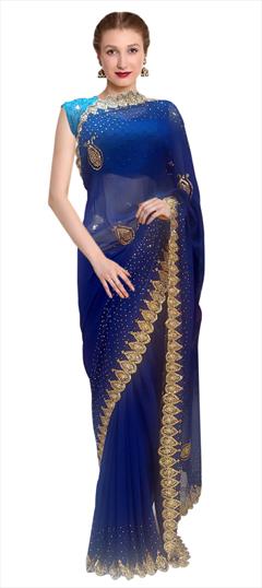 Festive, Party Wear Blue color Saree in Georgette fabric with Classic Bugle Beads, Cut Dana, Thread work : 1711307