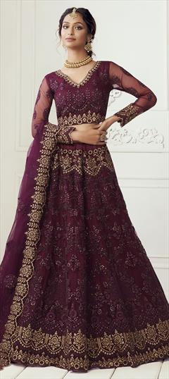 Festive, Wedding Purple and Violet color Lehenga in Net fabric with A Line Embroidered, Thread, Zari work : 1711336