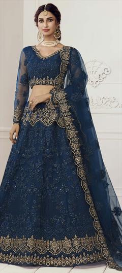 Festive, Wedding Blue color Lehenga in Net fabric with A Line Embroidered, Thread, Zari work : 1711337