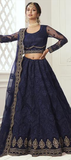 Festive, Wedding Blue color Lehenga in Net fabric with A Line Embroidered, Thread, Zari work : 1711339