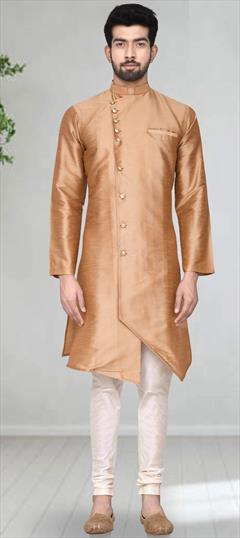 Beige and Brown color Kurta Pyjamas in Dupion Silk fabric with Thread work : 1711363