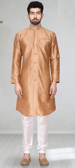 Beige and Brown color Kurta Pyjamas in Dupion Silk fabric with Thread work : 1711364