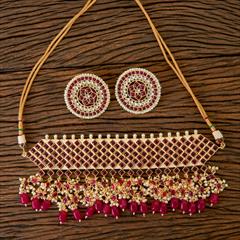 Pink and Majenta color Necklace in Copper studded with Kundan, Pearl & Gold Rodium Polish : 1711458