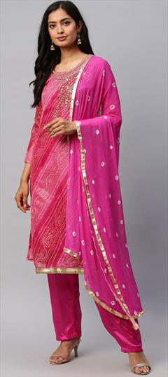 Festive, Party Wear Pink and Majenta color Salwar Kameez in Chanderi Silk fabric with Straight Bandhej, Gota Patti, Printed work : 1711461