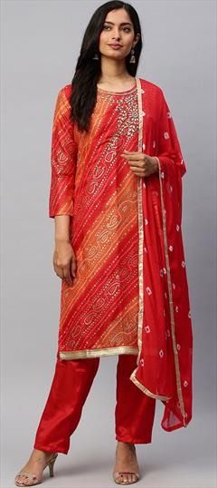 Festive, Party Wear Red and Maroon color Salwar Kameez in Chanderi Silk fabric with Straight Bandhej, Gota Patti, Printed work : 1711463