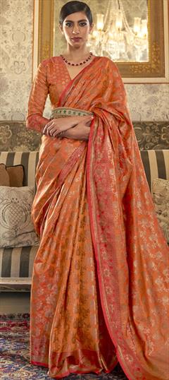 Traditional Orange color Saree in Tussar Silk fabric with South Weaving work : 1711520