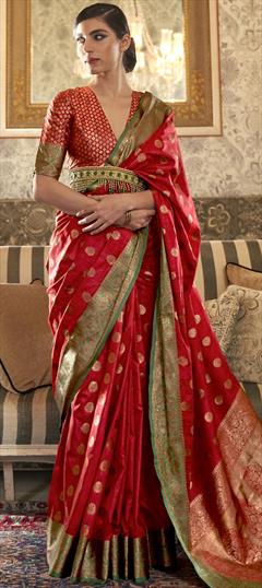 Traditional Red and Maroon color Saree in Tussar Silk fabric with South Weaving work : 1711523