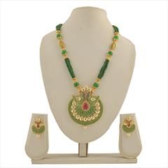 Green color Necklace in Copper studded with Beads, Pearl & Gold Rodium Polish : 1711703