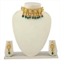 Green color Necklace in Copper studded with Beads, Pearl & Gold Rodium Polish : 1711706