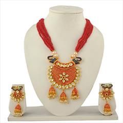 Red and Maroon color Necklace in Copper studded with Beads, Kundan, Pearl & Gold Rodium Polish : 1711713