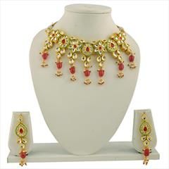 Red and Maroon, White and Off White color Necklace in Copper studded with Beads, Pearl & Gold Rodium Polish : 1711915