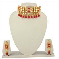 Red and Maroon, White and Off White color Necklace in Copper studded with Beads, Pearl & Gold Rodium Polish : 1711917