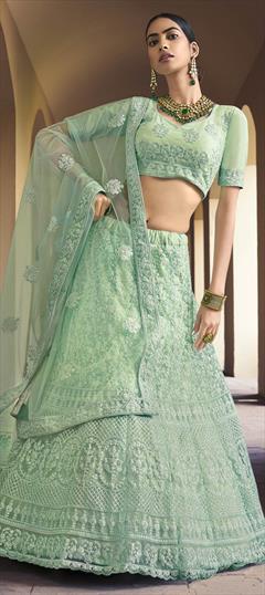 Festive, Wedding Green color Lehenga in Net fabric with A Line Resham, Sequence, Thread work : 1711986
