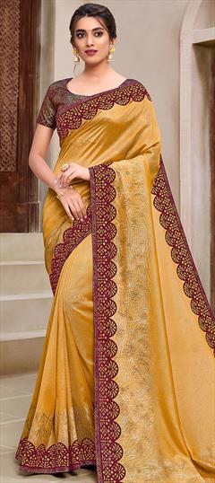 Festive, Party Wear Yellow color Saree in Georgette fabric with Classic Appliques work : 1712004